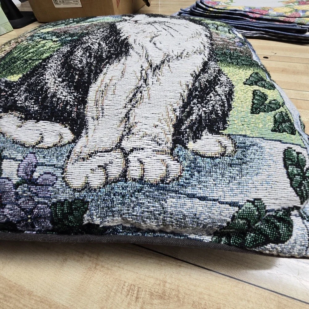 Vintage Tapestry Throw Pillow Cat Bird Garden 16